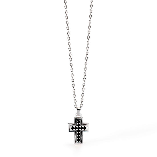 ZOPPINI Collana Unisex Giglio In Acciaio E Zircone Nero – Made In Italy, Regalo In Scatola