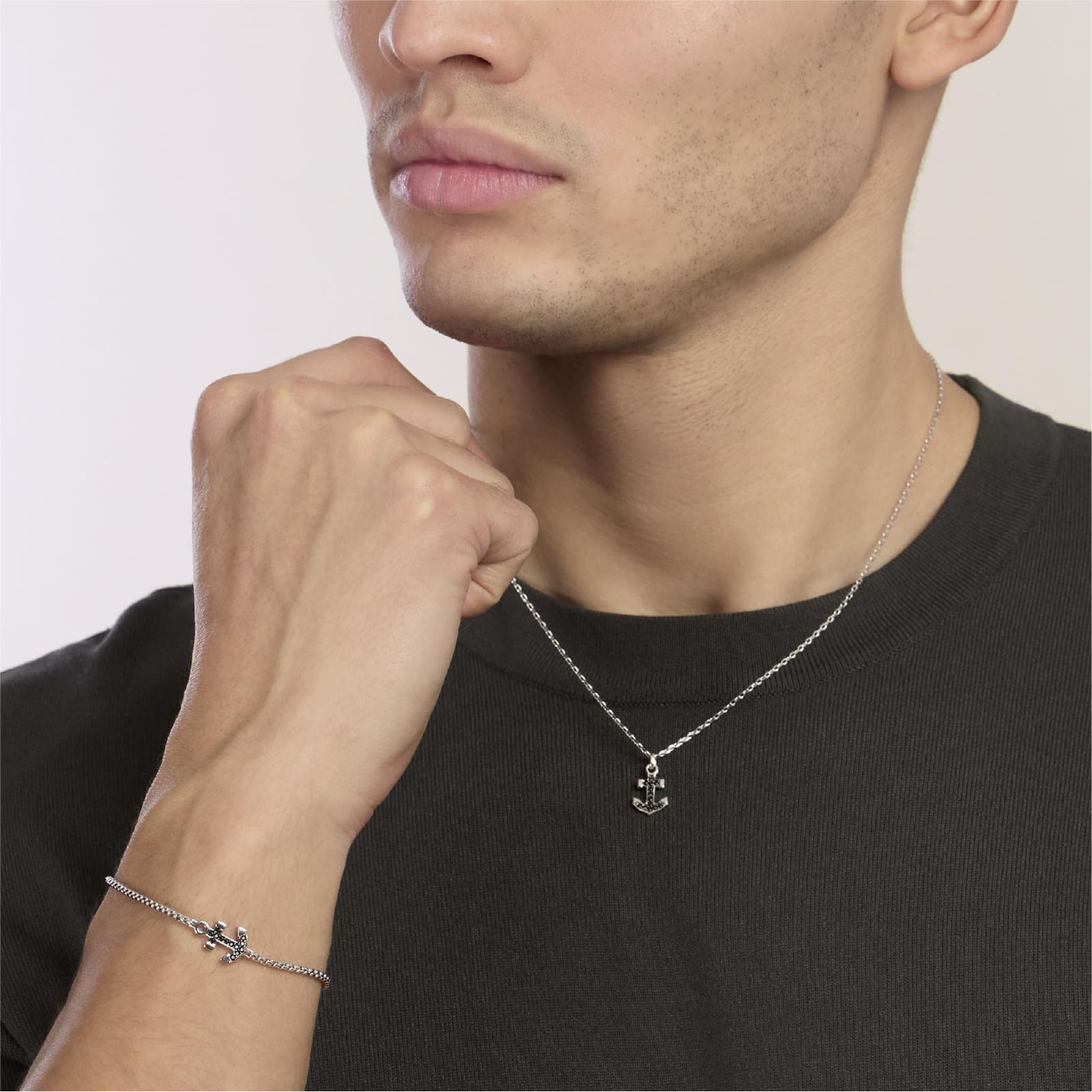 Collana Mabina in argento con ancora e zirconi neri da uomo MISURA UNICA
