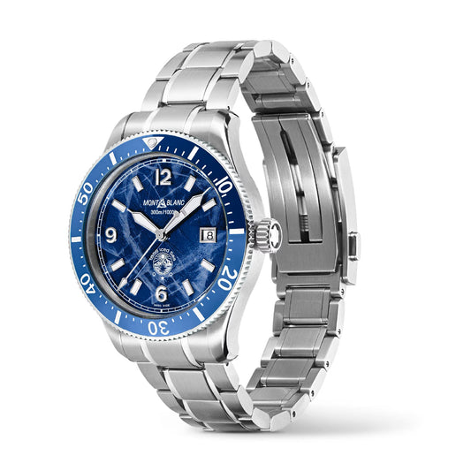 Orologio automatico Montblanc 1858 Ice Sea in acciaio e blu MISURA UNICA