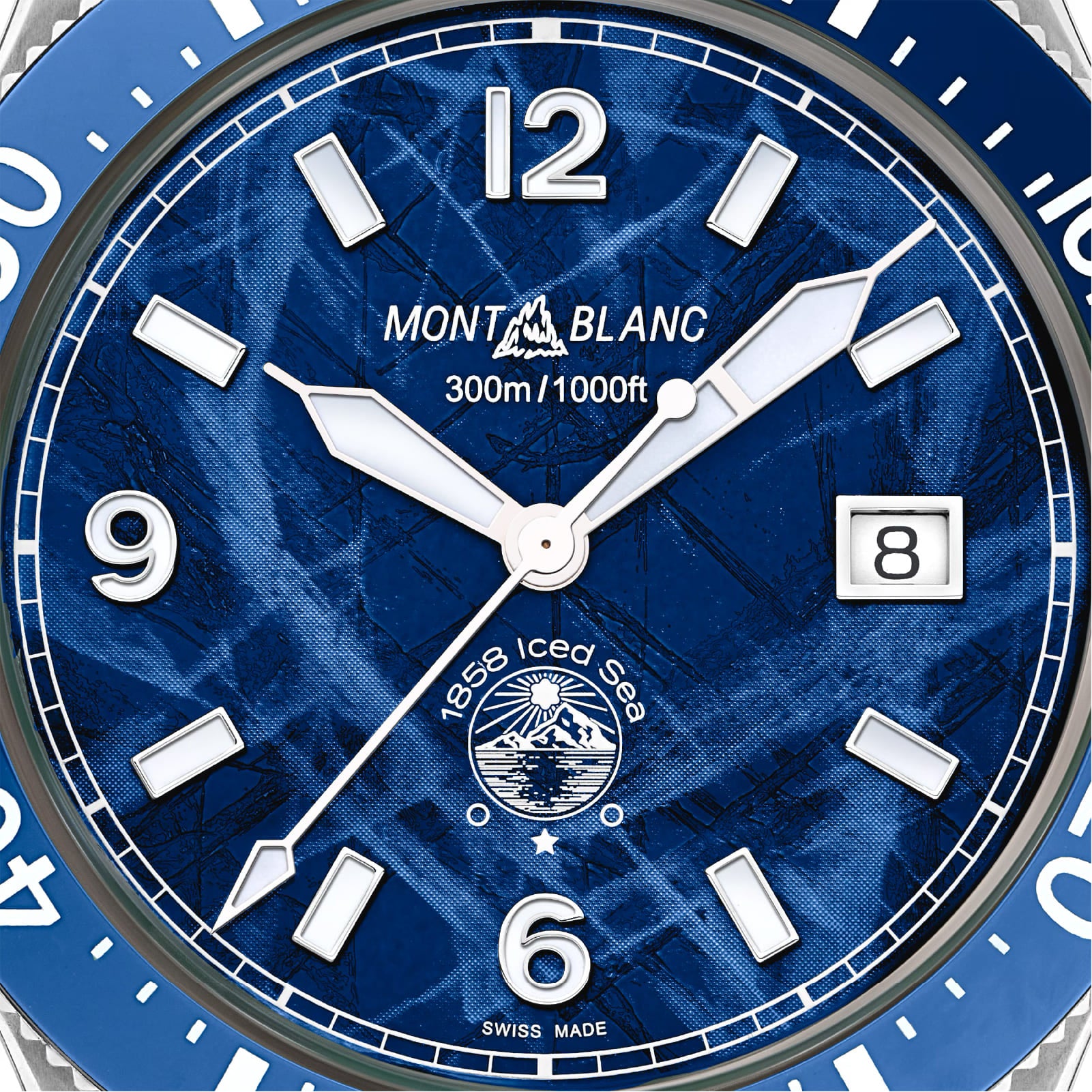 Orologio automatico Montblanc 1858 Ice Sea in acciaio e blu MISURA UNICA
