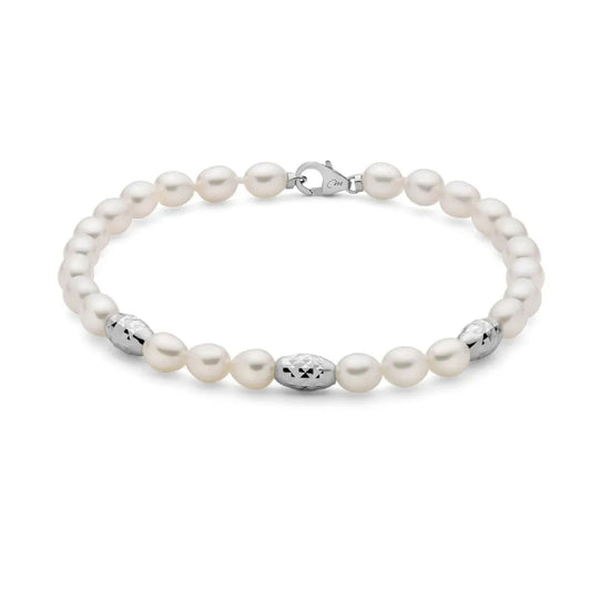Bracciale di perle Miluna argento con 3 sfere diamantate 18 cm