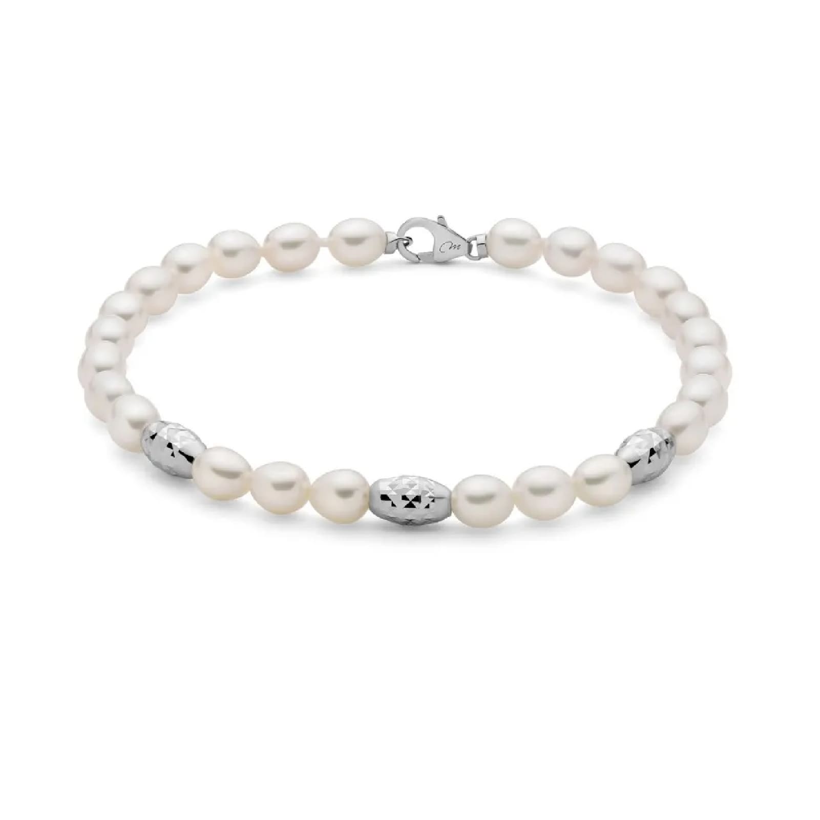 Bracciale di perle Miluna argento con 3 sfere diamantate 18 cm