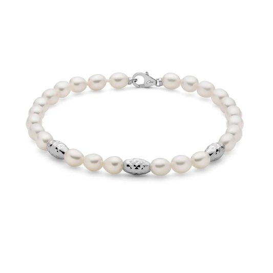 Bracciale di perle Miluna argento con 3 sfere diamantate 18 cm