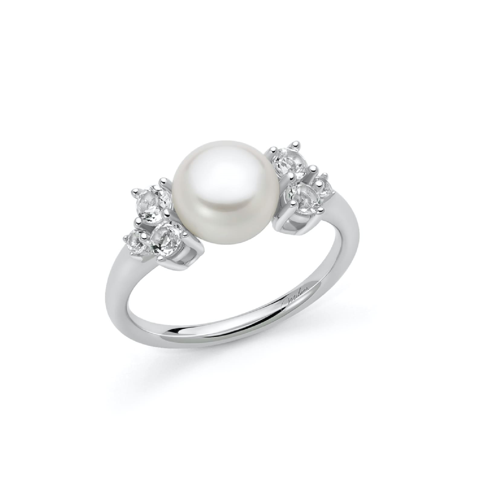 Anello Miluna in argento con perla 8-8,5 mm e zopazi bianchi
