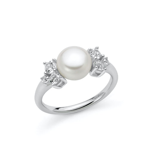 Anello Miluna in argento con perla 8-8,5 mm e zopazi bianchi SU MISURA