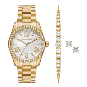 Cofanetto con orologio, orecchini e bracciale Michael Kors Lexington da donna in acciaio oro con cristalli MK1079SET