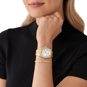 Cofanetto con orologio, orecchini e bracciale Michael Kors Lexington da donna in acciaio oro con cristalli MK1079SET