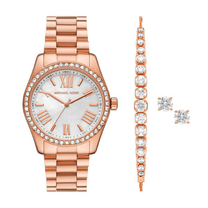 Cofanetto con orologio, orecchini e bracciale Michael Kors Lexington da donna in acciaio oro rosa con cristalli MK1088SET