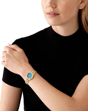 Orologio solo tempo donna Michael Kors Lexington cassa 26mm e bracciale in acciaio oro quadrante blu con cristalli MK4813