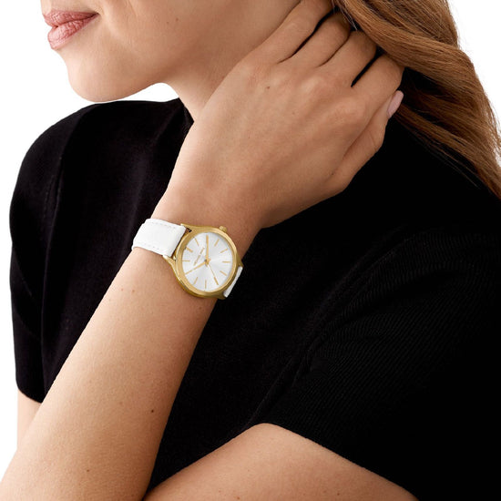 Orologio donna Michael Kors Slim Runway in acciaio rosé e pelle bianca 38mm MK7466-4
