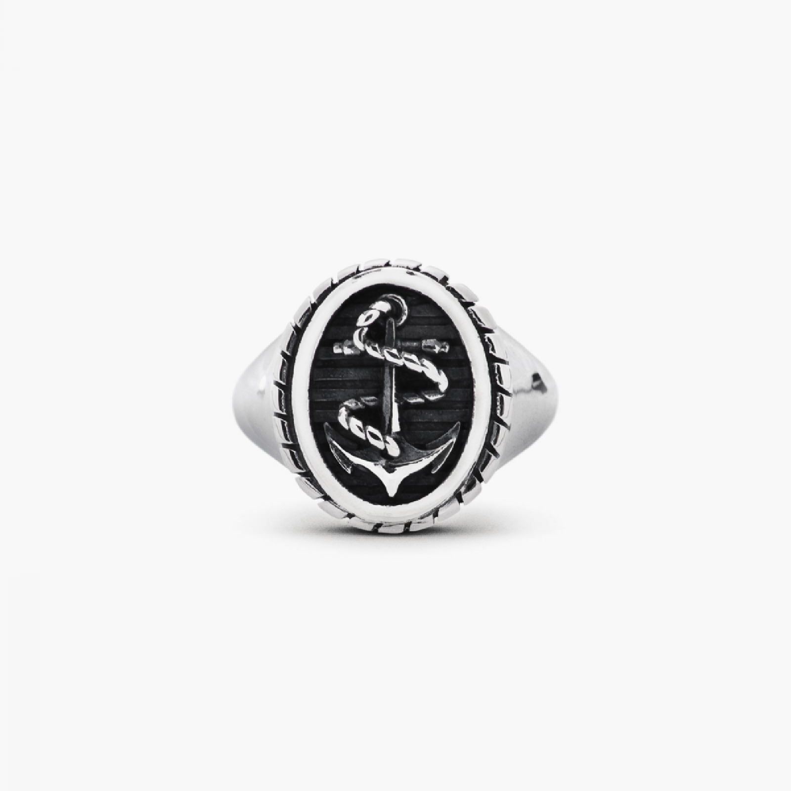 Anello chevalier ovale nero Nove25 Traditional unisex argento con ancora e corda N25ANE00154-1