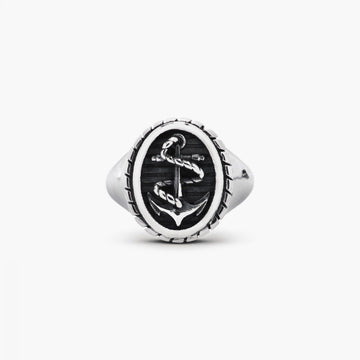 Anello chevalier ovale nero Nove25 Traditional unisex argento con ancora e corda N25ANE00154-1