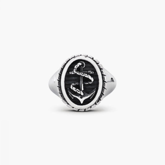 Anello chevalier ovale nero Nove25 Traditional unisex argento con ancora e corda N25ANE00154-1