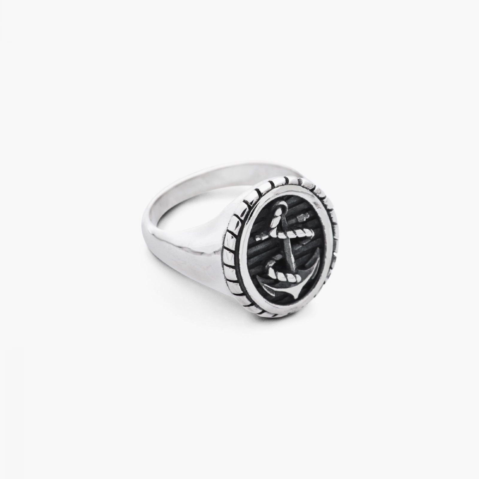 Anello chevalier ovale nero Nove25 Traditional unisex argento con ancora e corda N25ANE00154-2