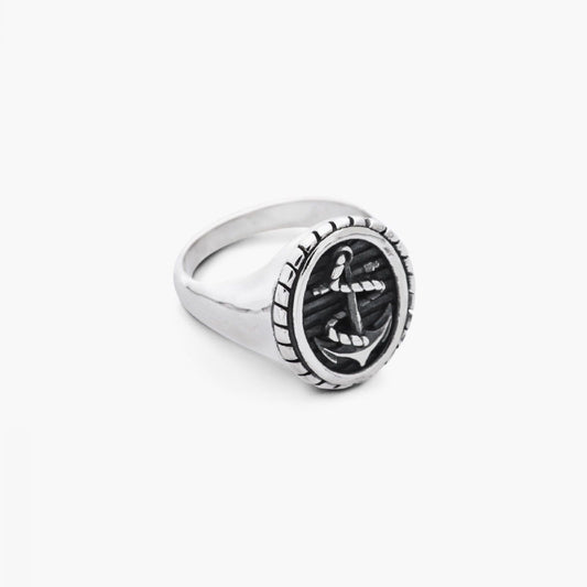 Anello chevalier ovale nero Nove25 Traditional unisex argento con ancora e corda N25ANE00154-2