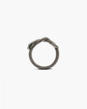 Anello fedina della collezione Nove25 Snake unisex in argento 925 brunito lucido a forma di serpente con zirconi verdi N25ANE00422