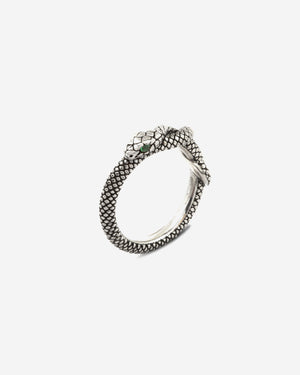 Anello fedina della collezione Nove25 Snake unisex in argento 925 brunito lucido a forma di serpente con zirconi verdi N25ANE00422