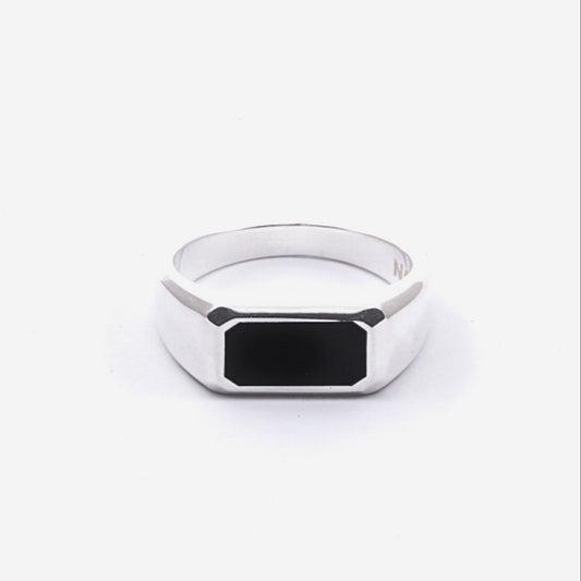 Anello chevalier rettangolo Nove25 Timeless unisex argento e agata nera N25ANE00431-1