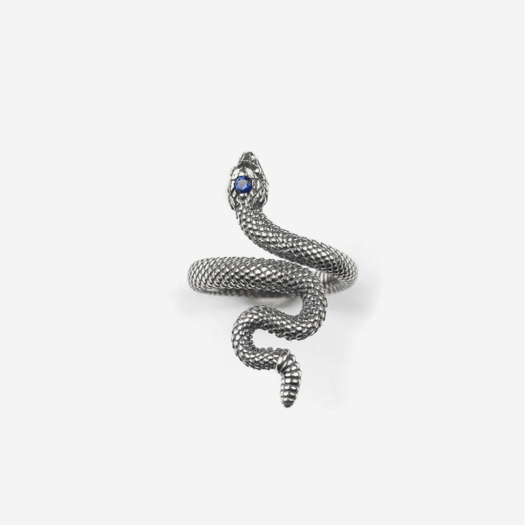 Anello della collezione Nove25 Snake unisex in argento 925 brunito lucido con un serpente e con spinello blu N25ANE00432