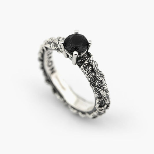Anello solitario Nove25 Eden unisex in argento, foglie, zircone nero N25ANE00460-2