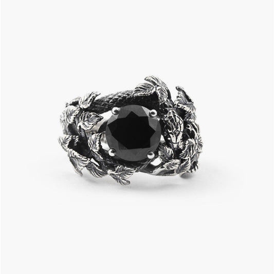 Anello solitario Nove25 Eden unisex in argento, foglie, serpente, zircone nero N25ANE00461-1