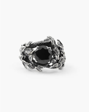 Anello solitario Nove25 Eden Foglie unisex in argento 925 con finitura brunita con serpente, foglie e zircone nero N25ANE00461
