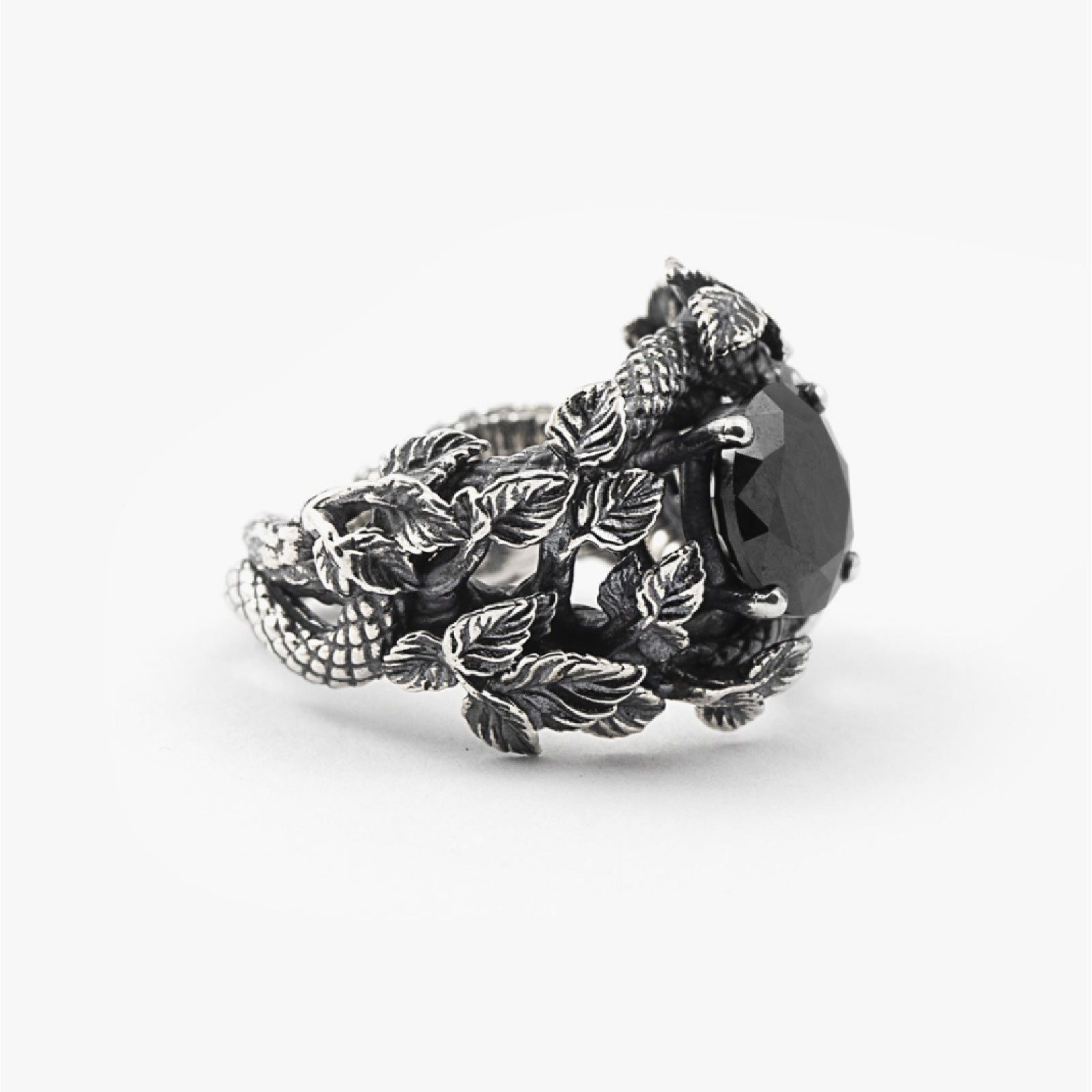 Anello solitario Nove25 Eden unisex in argento, foglie, serpente, zircone nero N25ANE00461-2