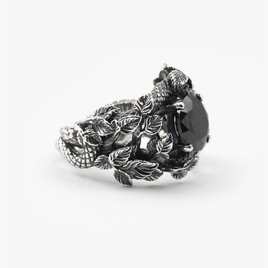 Anello solitario Nove25 Eden unisex in argento, foglie, serpente, zircone nero N25ANE00461-2