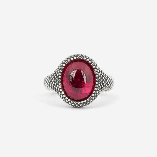Anello chevalier ovale Nove25 Puntinati unisex argento corindone rosso e sfere N25ANEPB064-1
