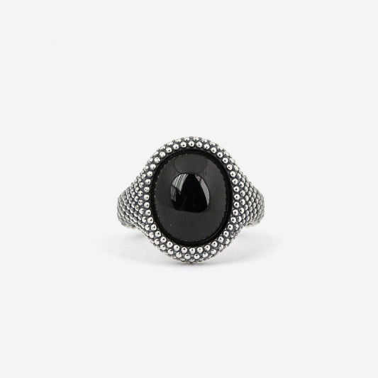 Anello chevalier ovale Nove25 Puntinati unisex argento onice nera e sfere N25ANEPQ064-1