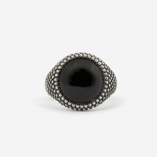 Anello chevalier tondo Nove25 Puntinati unisex argento agata nera e sfere N25ANEPQ074-1