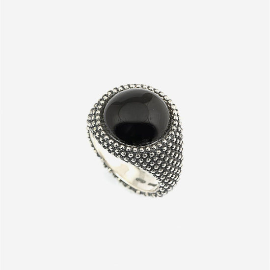 Anello chevalier tondo Nove25 Puntinati unisex argento agata nera e sfere N25ANEPQ074-2