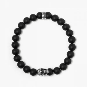 Bracciale elastico con pietre Nove25 Traditional da uomo con agata nera 080 e teschio piccolo in argento 925 N25BRA00247