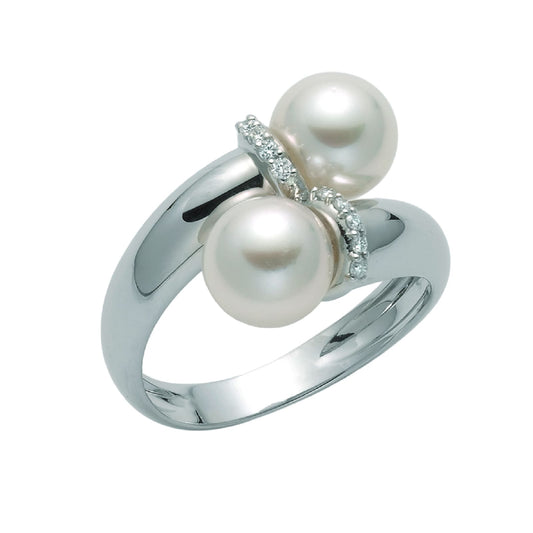 Anello Nimei in oro bianco 18kt con perle e diamanti 0,07 ct SU MISURA