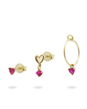 Set di tre orecchini con zirconi rossi da donna Rue Des Mille Shapes in argento 925 dorato cerchio, a cuore e punto luce ORZ-020.M9.SV.AU