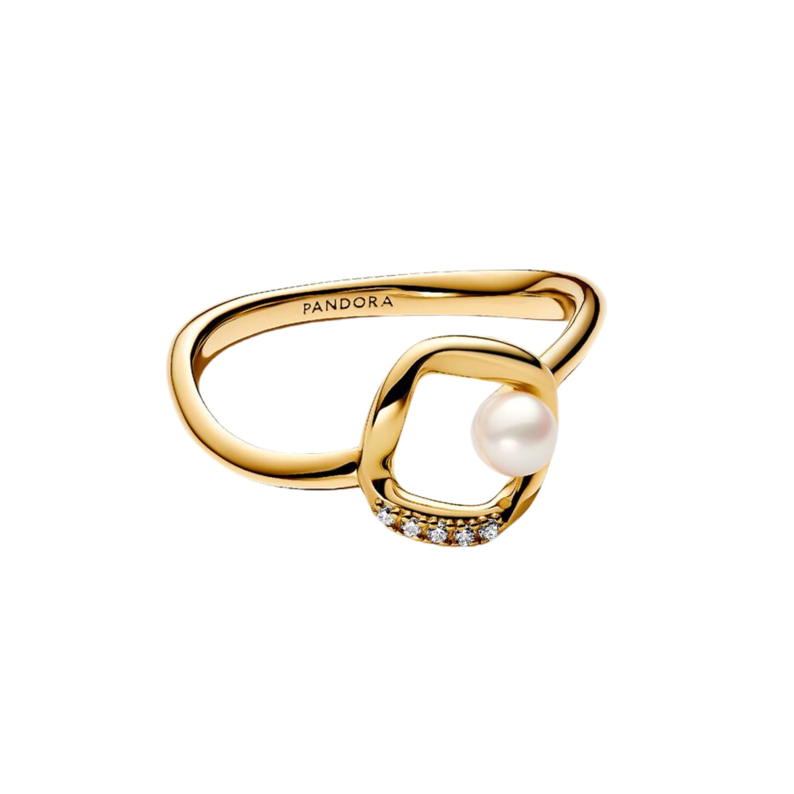 Anello sinuoso Pandora in argento dorato con perla e zirconi 10