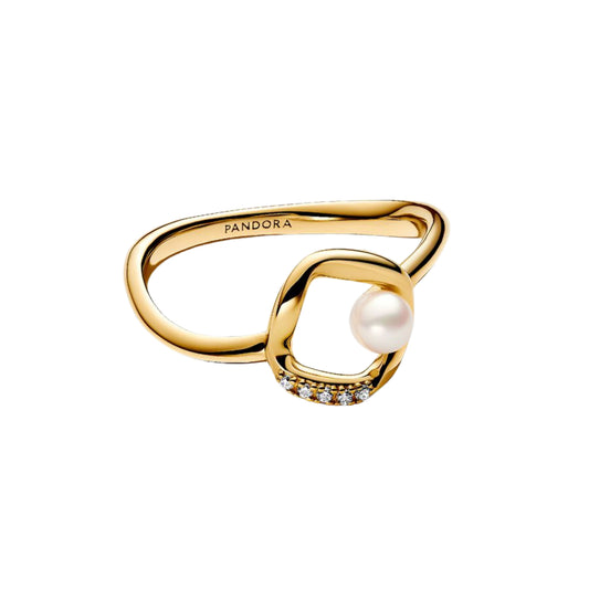 Anello sinuoso Pandora in argento dorato con perla e zirconi 10