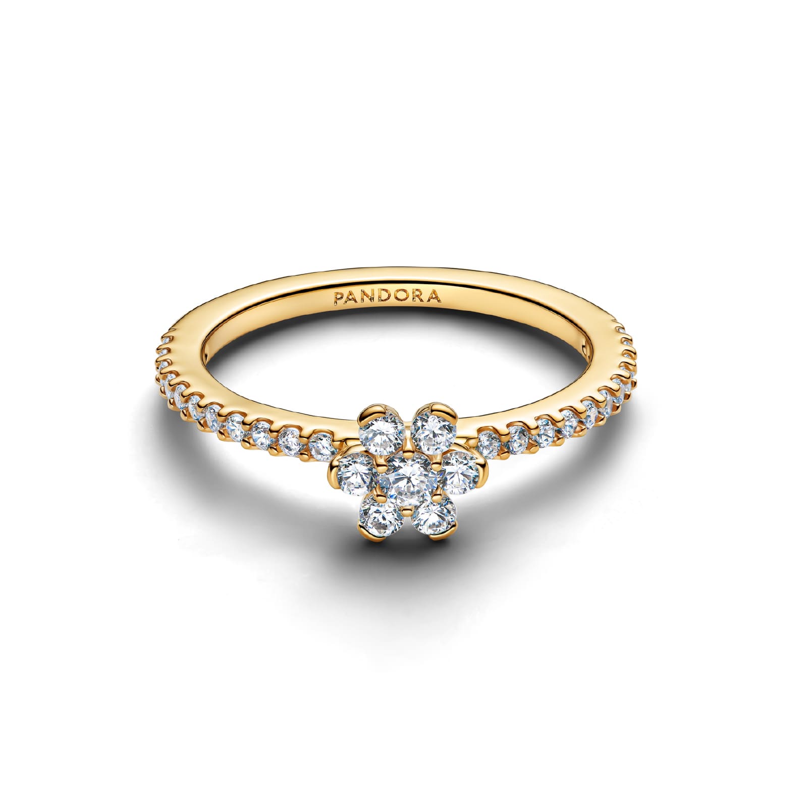 Anello Pandora in argento placcato oro 14kt con fiore zirconi 12