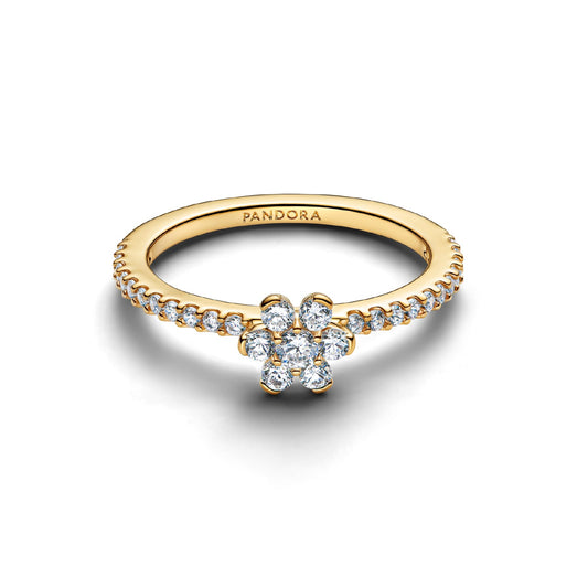 Anello Pandora in argento placcato oro 14kt con fiore zirconi 12