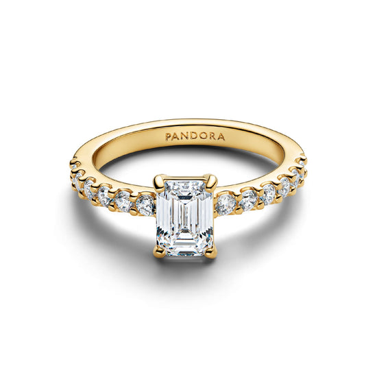 Anello Pandora in argento placcato oro 14kt rettangolo zirconi 12