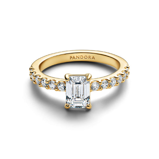 Anello Pandora in argento placcato oro 14kt rettangolo zirconi 12