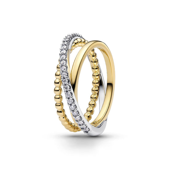 Anello Pandora tripla fascia intrecciata in argento con pavè 12