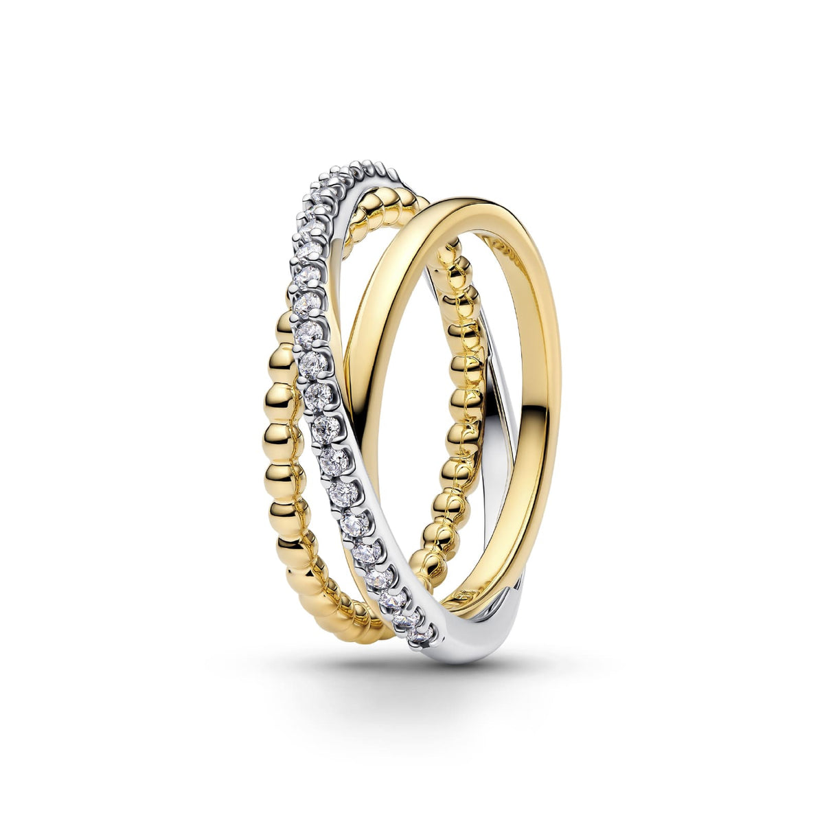 Anello Pandora tripla fascia intrecciata in argento con pavè 12