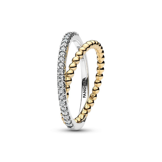 Anello Pandora fascia intrecciata in argento bicolore con pavè 12