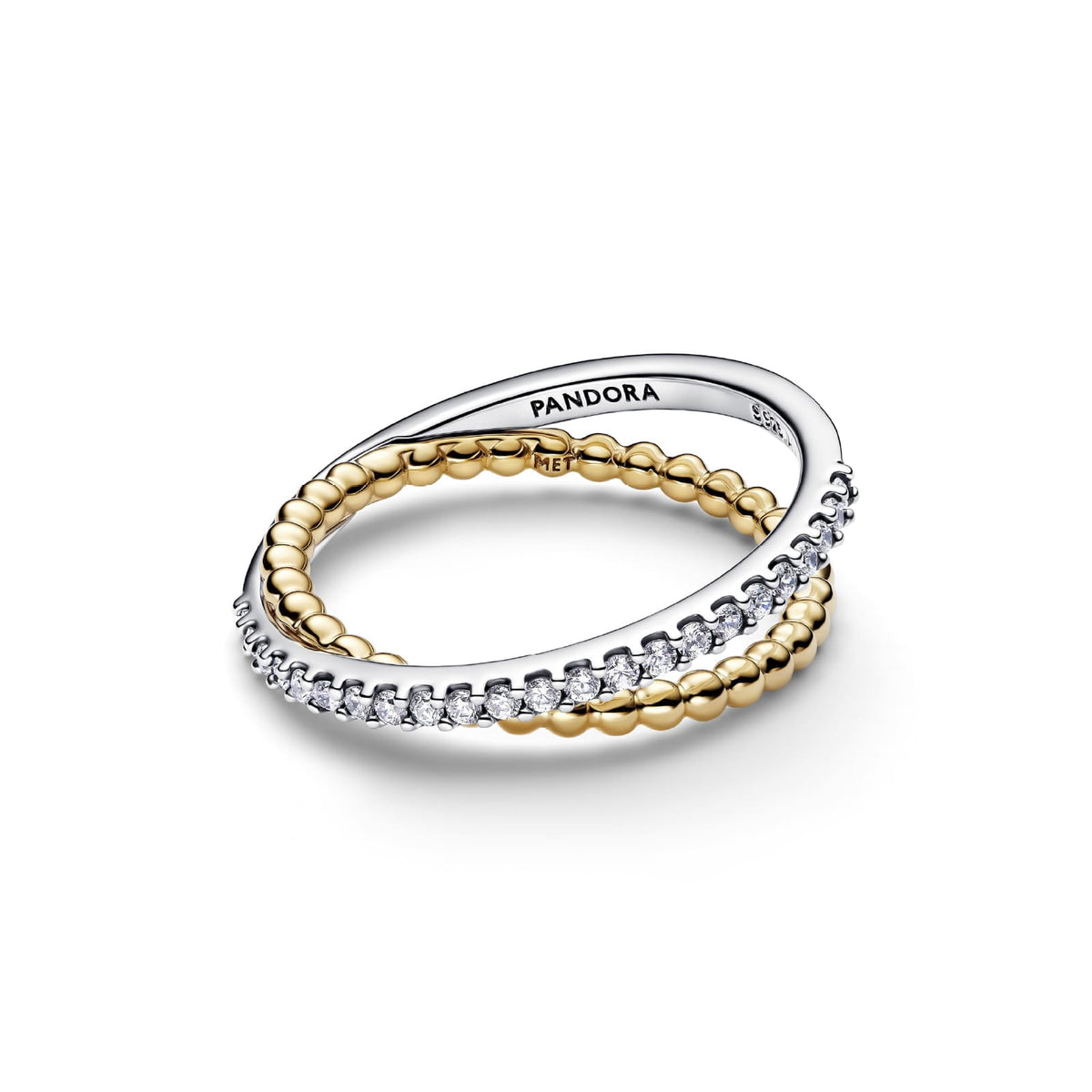 Anello Pandora fascia intrecciata in argento bicolore con pavè 12