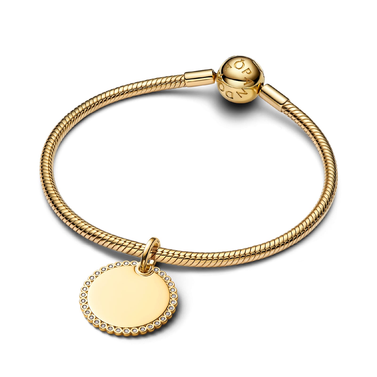 Charm pendente Pandora in argento dorato medaglietta zirconi MISURA UNICA