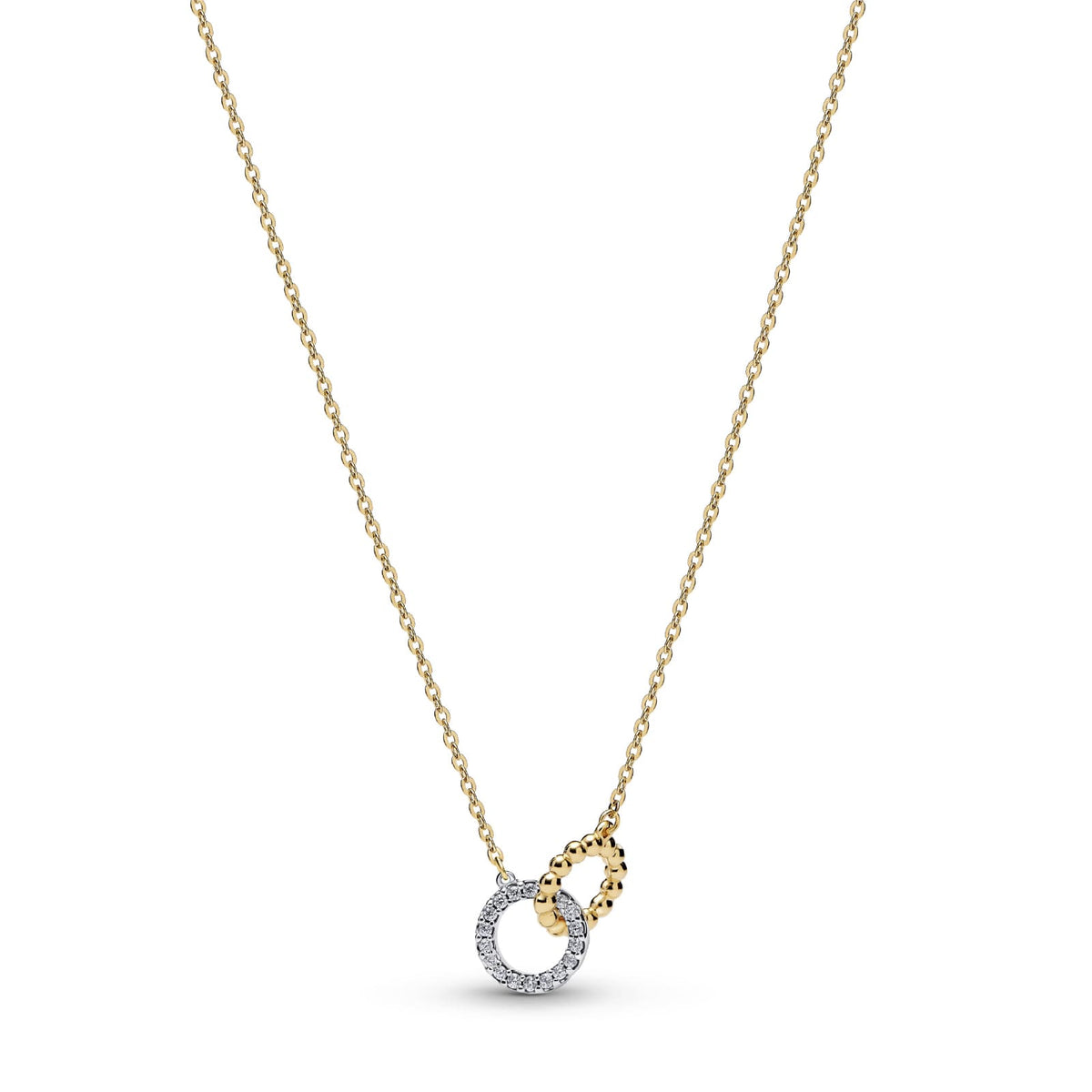 Collana Pandora cerchi intrecciati in argento dorato e zirconi MISURA UNICA