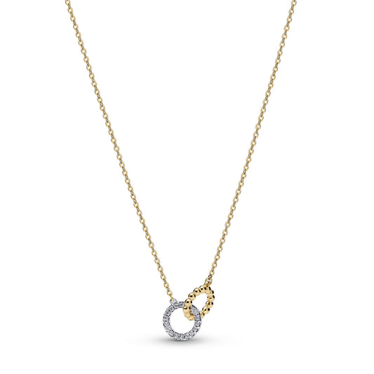 Collana Pandora cerchi intrecciati in argento dorato e zirconi MISURA UNICA
