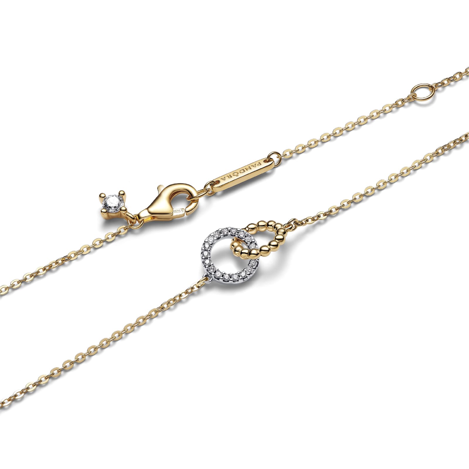 Collana Pandora cerchi intrecciati in argento dorato e zirconi MISURA UNICA