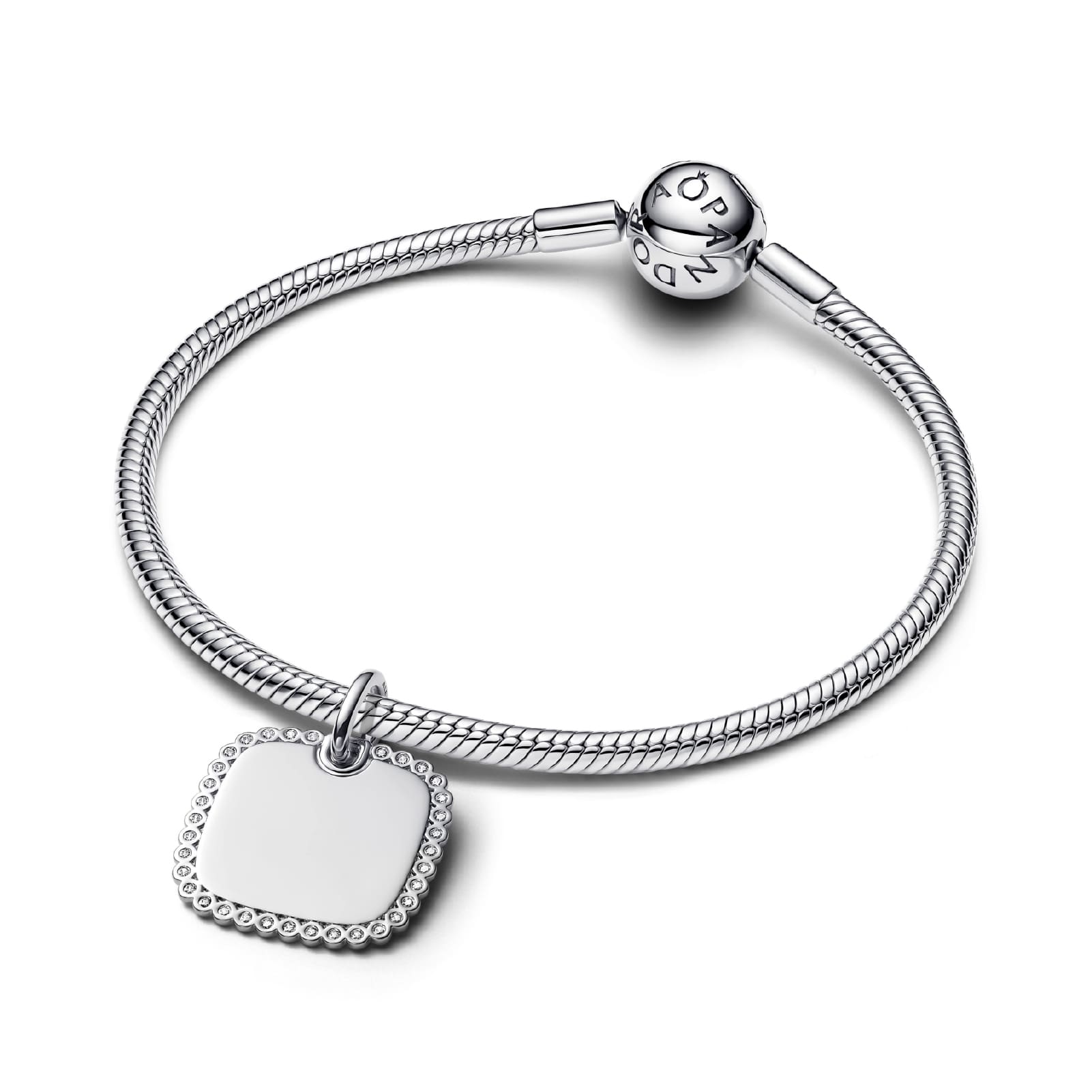 Charm pendente Pandora in argento medaglia quadrata zirconi MISURA UNICA